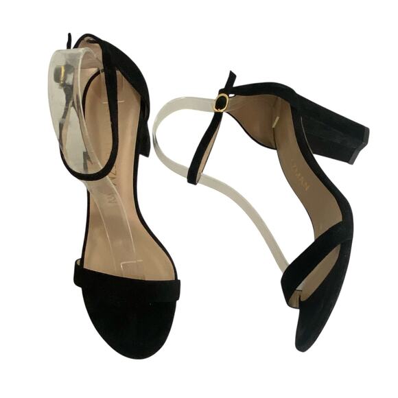 Stuart Weitzman Nearly Nude Black Suede Heel Sandal 9 - Picture 1 of 11